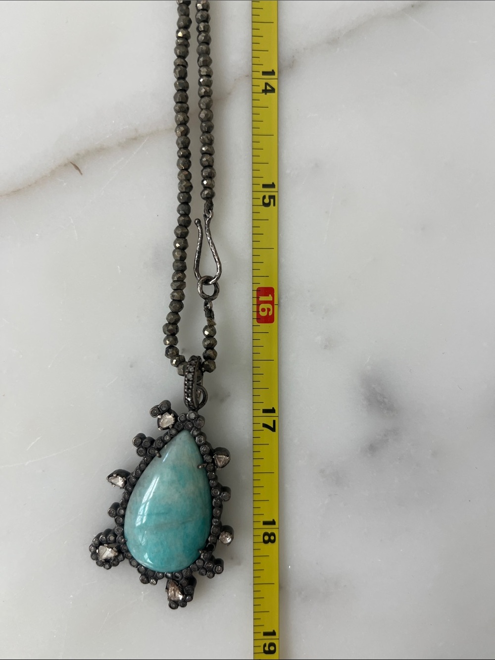 Teardrop Amazonite Pendant Necklace in Turquoise on Pyrite Bead Chain